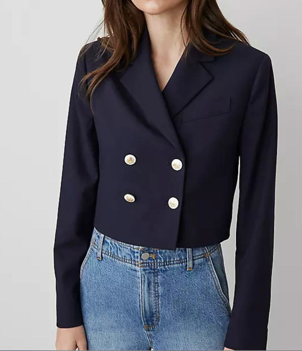 NWOT Ann Taylor Petite Navy Cropped Double-Breasted Blazer 14P